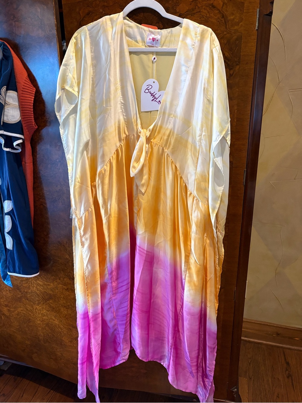 Buddy Love Yellow to Pink Ombre Tie-Front Caftan Dress, NWT
